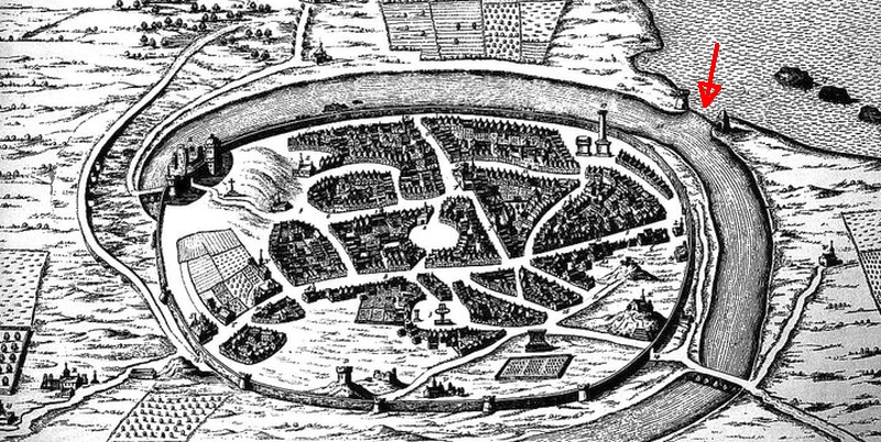 Dettaglio della mappa di Joan Blaeu del 1663. La freccia indica la catena di chiusura del porto